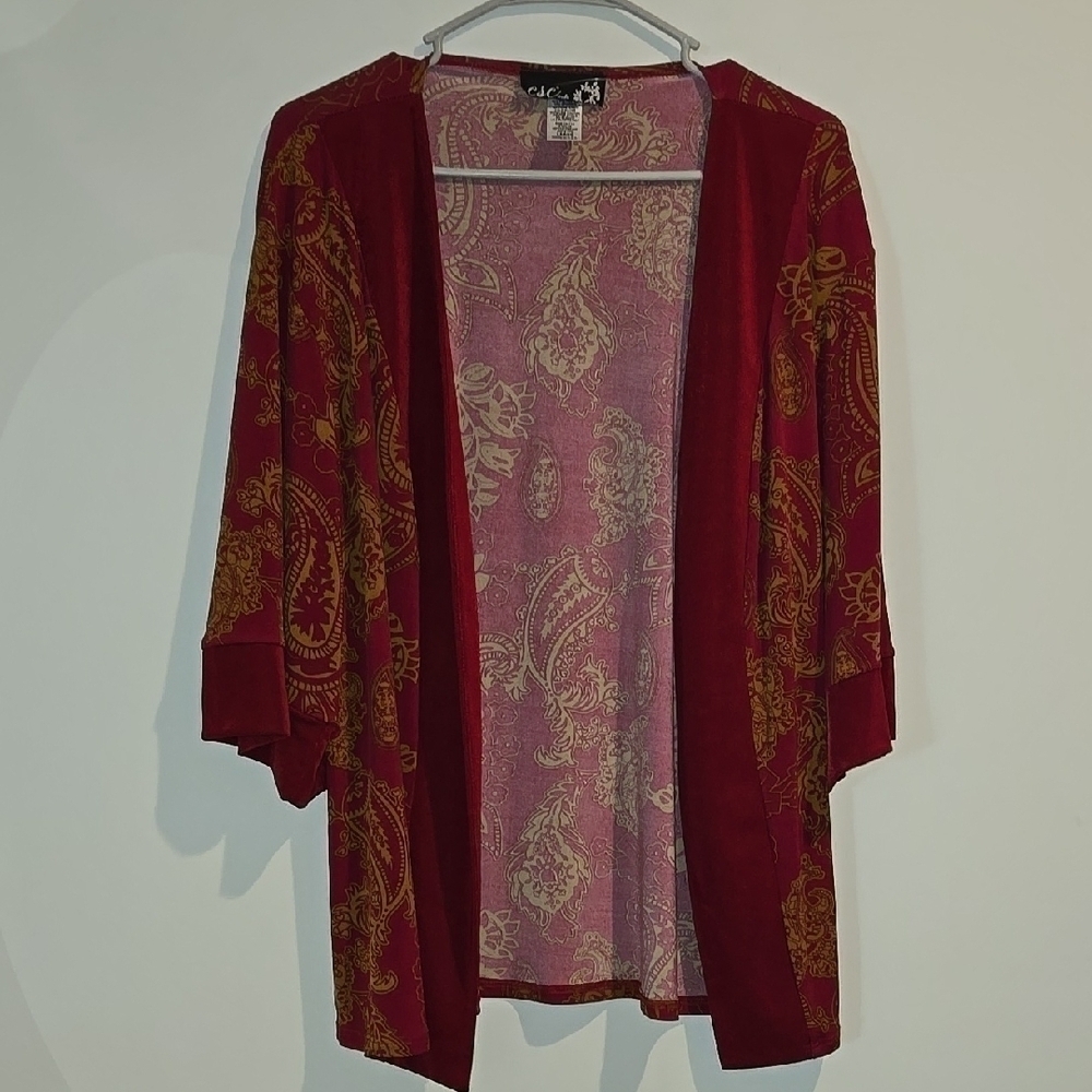 Red and Gold Open-Front Cardigan Sweater
